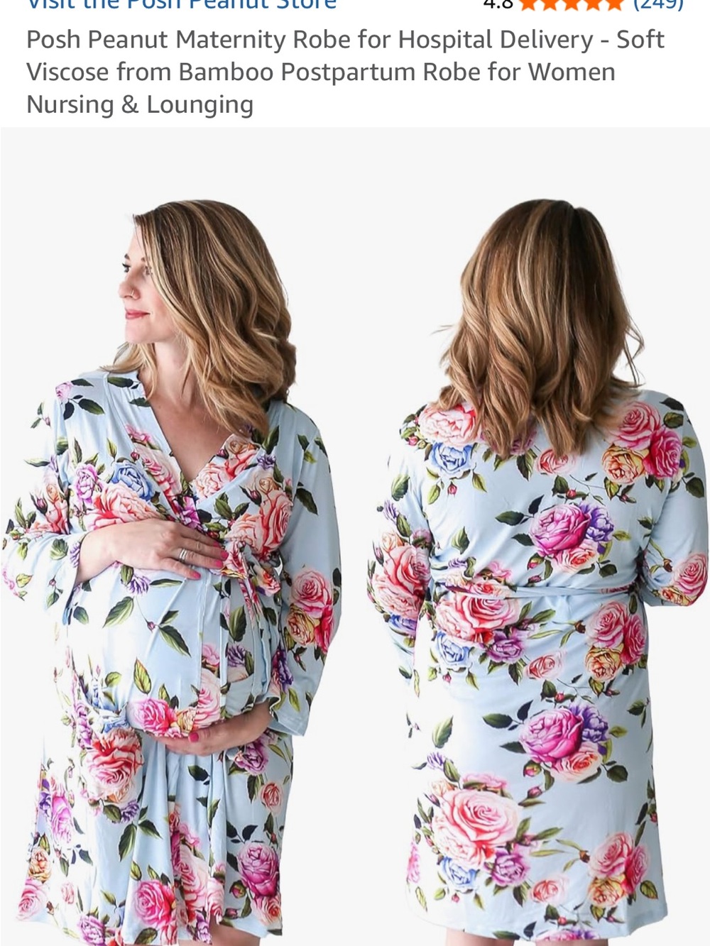 Posh Peanut Light Blue Floral Maternity Robe with Pink Rose Print Med